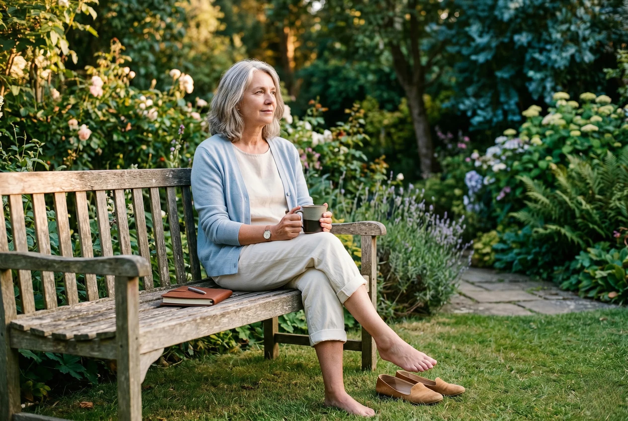 Woman in her early 60s with silver-grey hair sitting calmly on a wooden garden bench in late afternoon light, holding a mug with both hands and looking peacefully into the distance. Soft pale-blue cardigan, cream linen trousers rolled up, barefoot with shoes on the grass beside her. Cottage garden with roses, lavender, and hydrangeas.