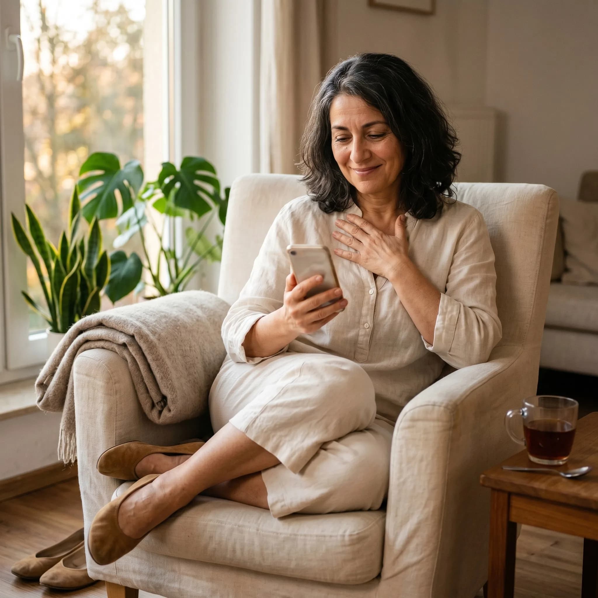 Woman in her late 50s with dark shoulder-length hair and Mediterranean features sitting in a cream armchair by the window in the late afternoon. Soft cream linen blouse, cream trousers, comfortable suede flats. Her phone is in one hand; the other rests naturally near her collarbone in a small, touched gesture. Gentle smile, golden afternoon light.