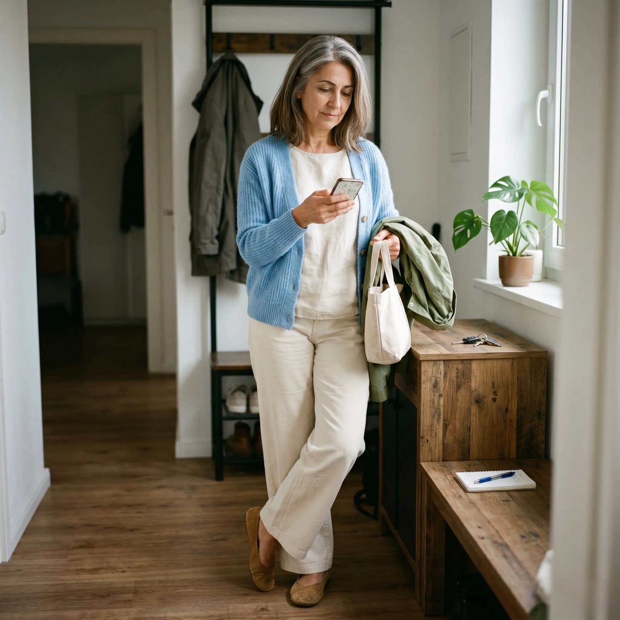 Woman in her late 50s with silver-streaked brown hair standing in the hallway of her flat, about to leave the house. Soft pale-blue cardigan over a cream top, loose cream wide-leg trousers, comfortable suede flats already on. Smartphone in one hand with an address or map view; a small canvas tote in the other. House keys, a notebook, and a houseplant on the console table beside her. Soft daylight from the side.