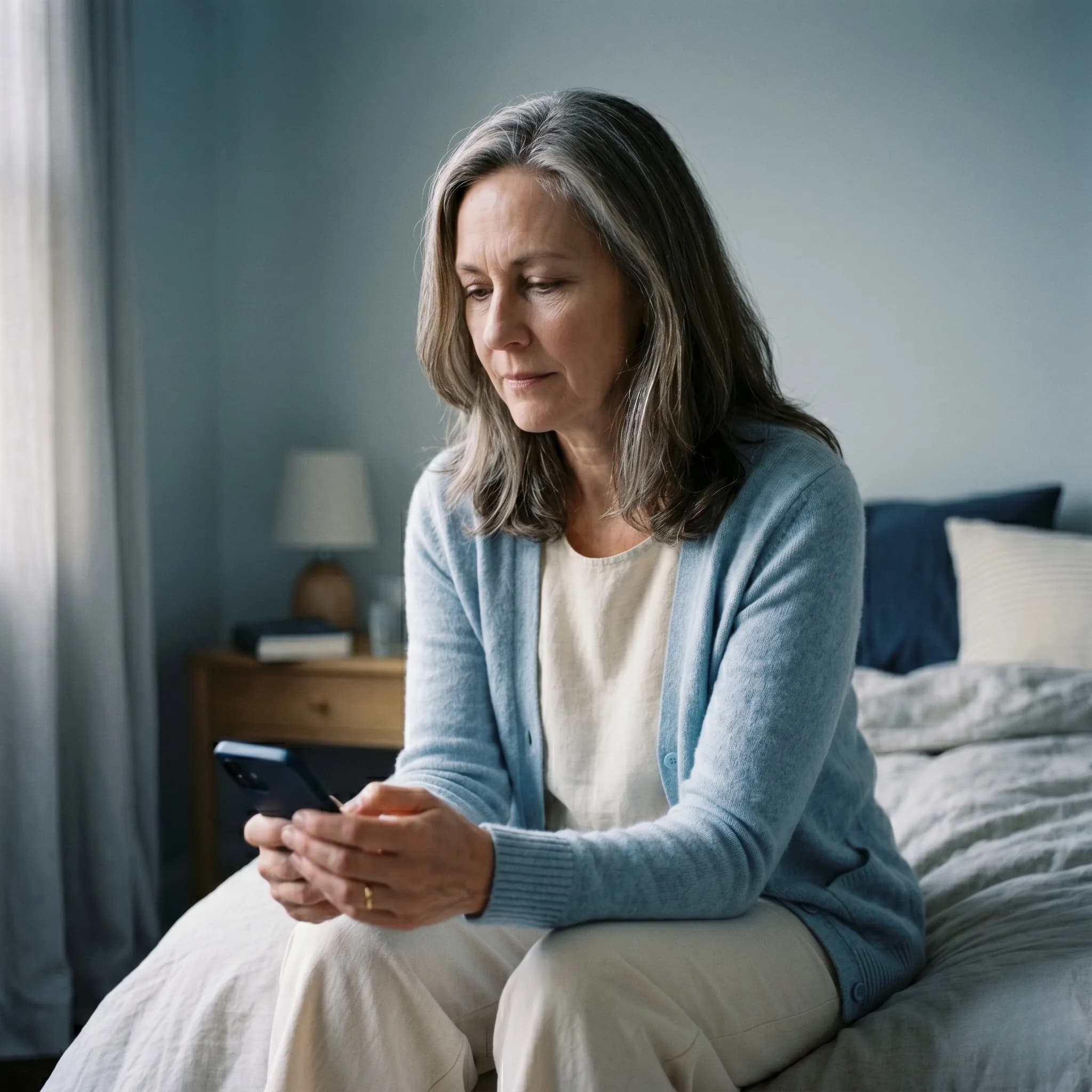 Woman in her late 50s with silver-streaked brown hair sitting upright on the edge of her bed in a softly-lit bedroom in the morning. Soft pale-blue cardigan over a cream top, cream trousers rolled up to mid-calf, barefoot on a wool rug. She's holding her smartphone in both hands and answering questions about her leg health with focused, thoughtful attention.