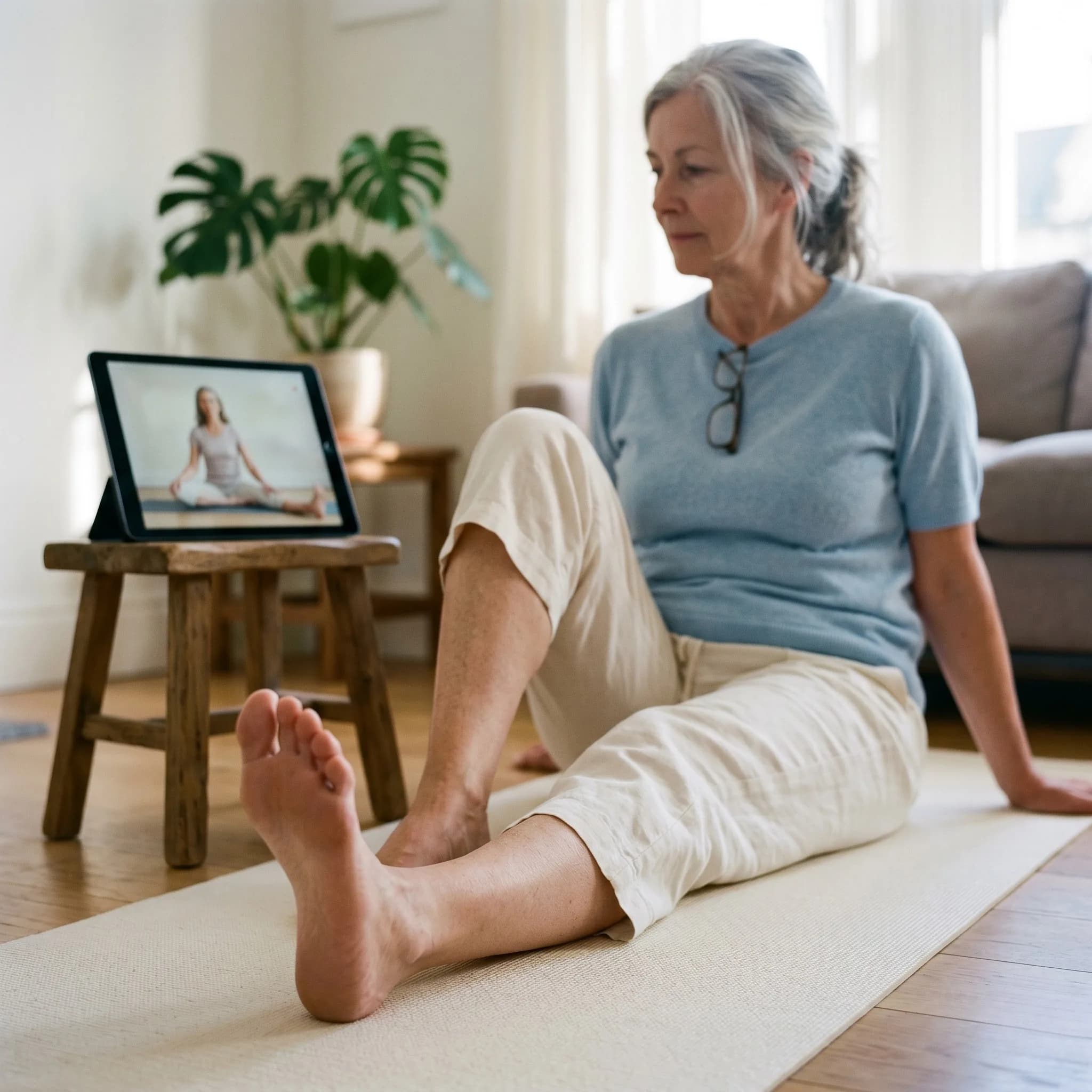 Woman in her early 60s with silver-grey hair sitting upright on a soft yoga mat in her sunlit living room. Sky-blue knit short-sleeve top, cream trousers, bare feet. One leg extended forward with foot softly flexed in a gentle calf stretch. A tablet on a small stool nearby shows a calm guided exercise video. Low camera angle puts the extended leg in the foreground.