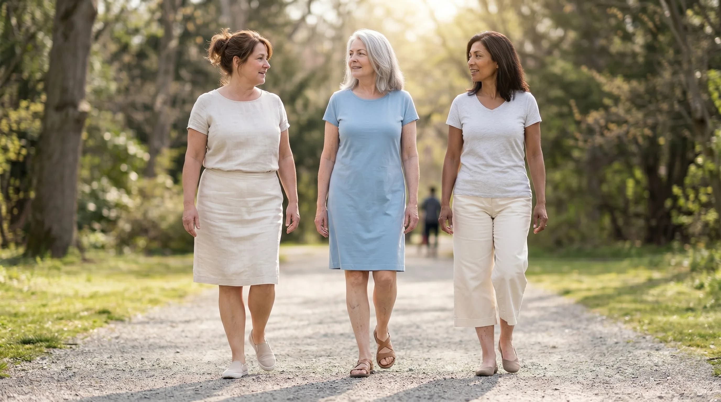 Three women in their mid-fifties to early sixties walking together along a sunlit park path. In the middle, a silver-haired woman in a light blue dress; on the left, a woman with brown hair pulled up in a cream skirt; on the right, a woman with dark shoulder-length hair in light trousers. Calm morning light, soft backlight.