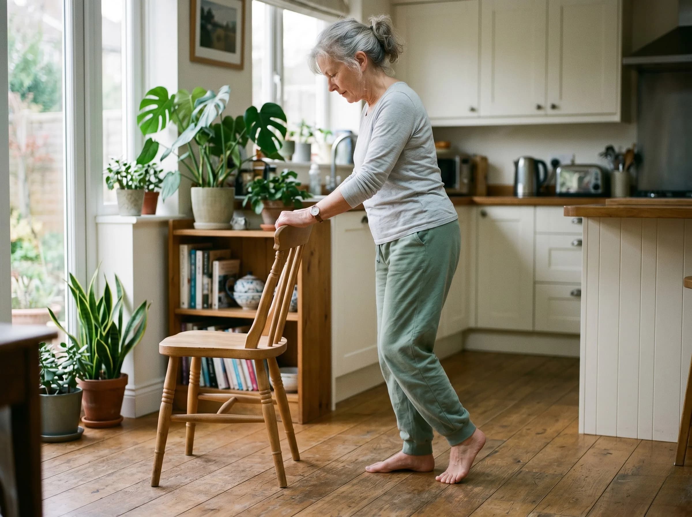 Woman in her early 60s with silver-grey hair doing a gentle calf-raise exercise in a sunlit home kitchen, balancing on a wooden chair. Soft loungewear, barefoot on wooden floor, calm morning.