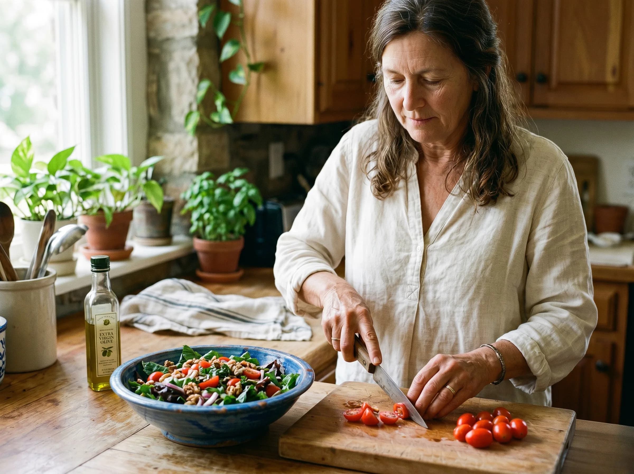 Woman in her late 50s with brown long hair preparing a Mediterranean salad with leafy greens, tomatoes, and walnuts in a warm wood kitchen. Olive oil, blue ceramic bowl, soft mid-morning light.