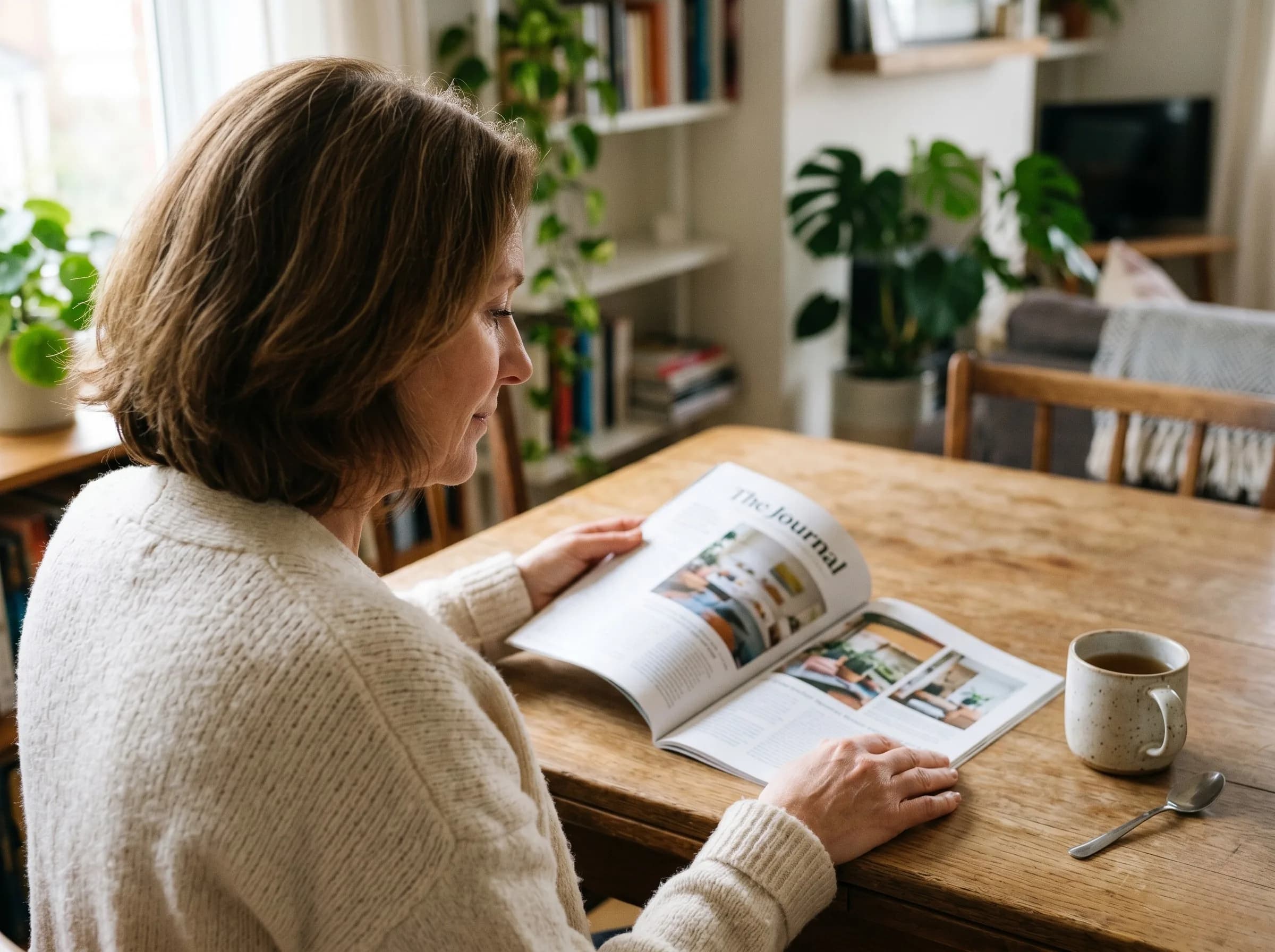 Woman in her late 50s with brown hair in a cream knit cardigan sitting at a wooden dining table, reading an open magazine. Cup of tea beside her, plants and bookshelf in the background, soft daylight.