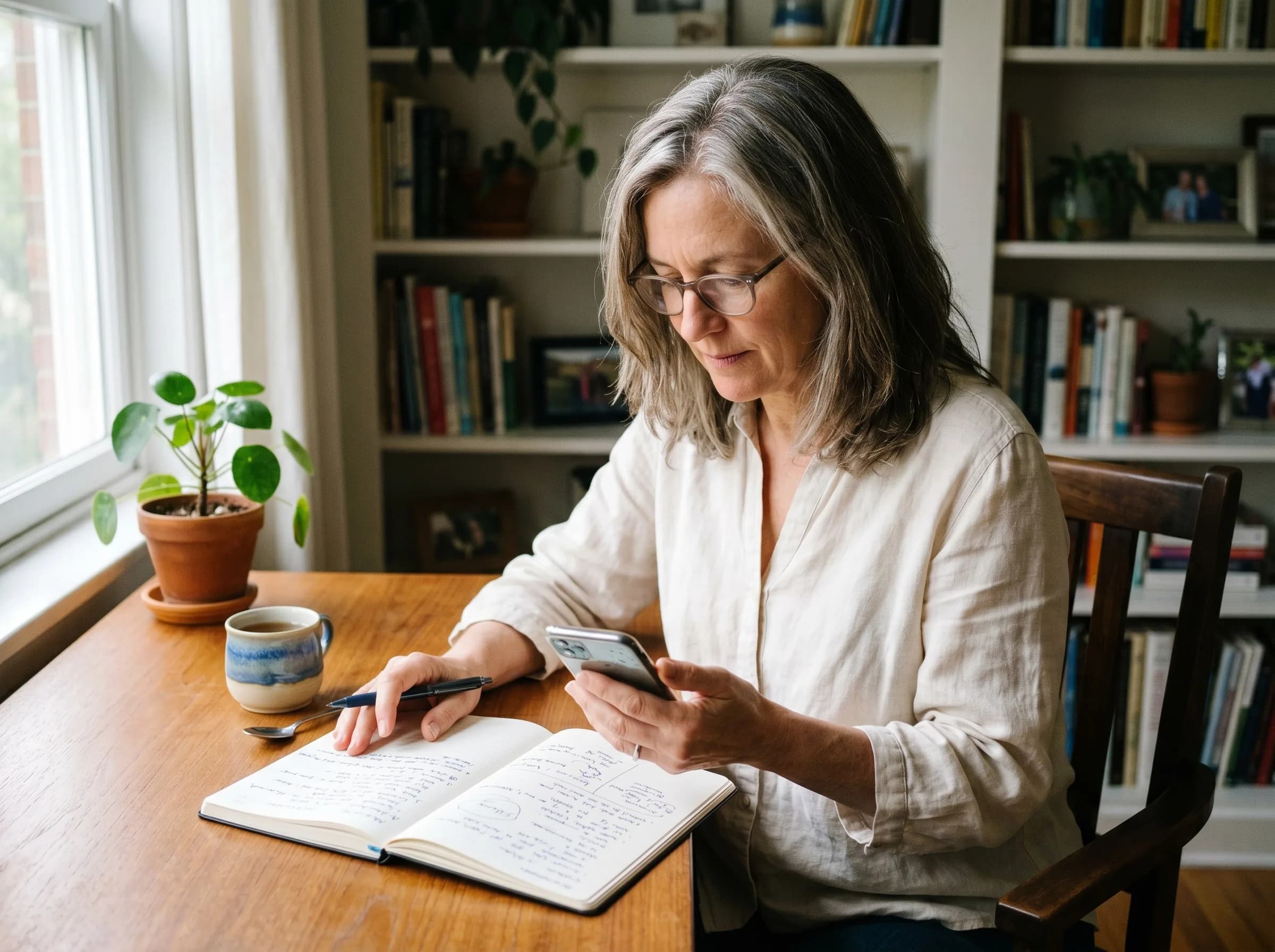 Woman in her late 50s with silver-streaked brown hair and glasses sitting at a wooden desk, looking at her smartphone while writing in an open notebook. Cup of tea, small houseplant, bookshelf in the background.