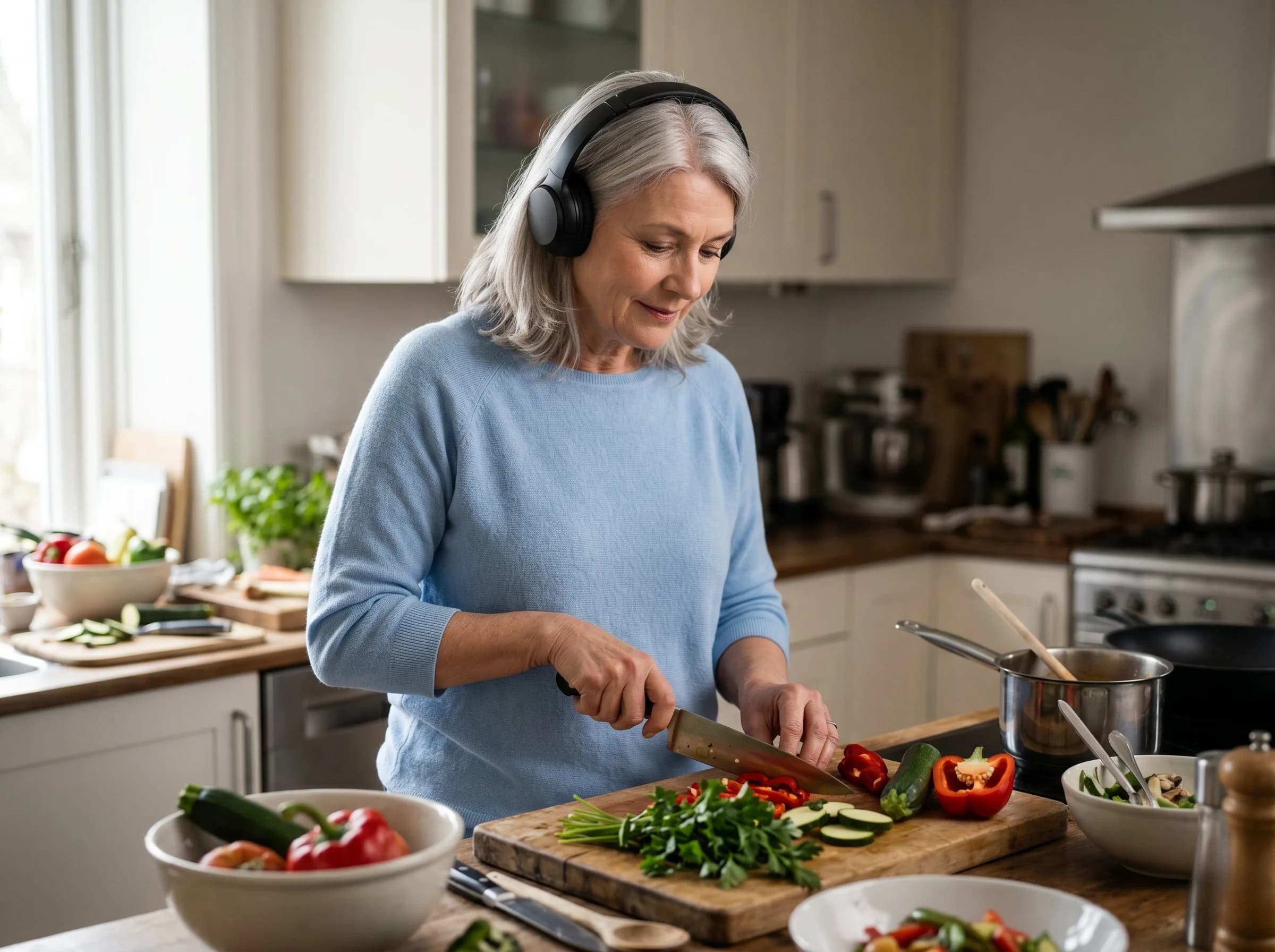Woman in her early 60s with silver-grey hair in a soft sky-blue knit top, wearing over-ear headphones and focused on chopping vegetables in her kitchen. Colourful peppers, zucchini and fresh herbs on the wooden board, warm daylight.