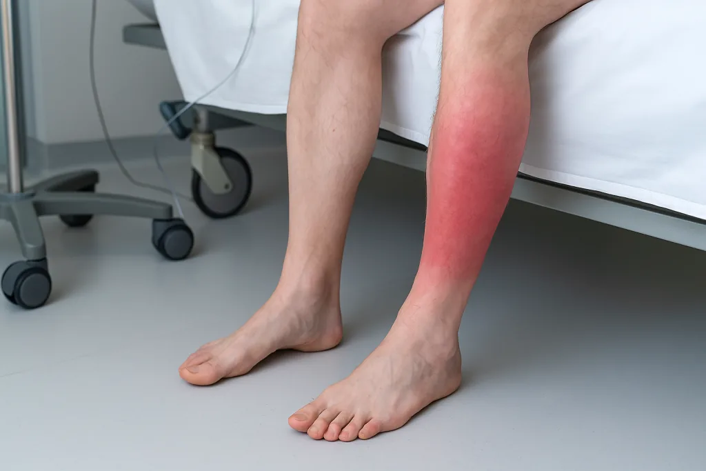 Bein mit geröteter Hautstelle als Anzeichen einer Wundrose (Erysipel).