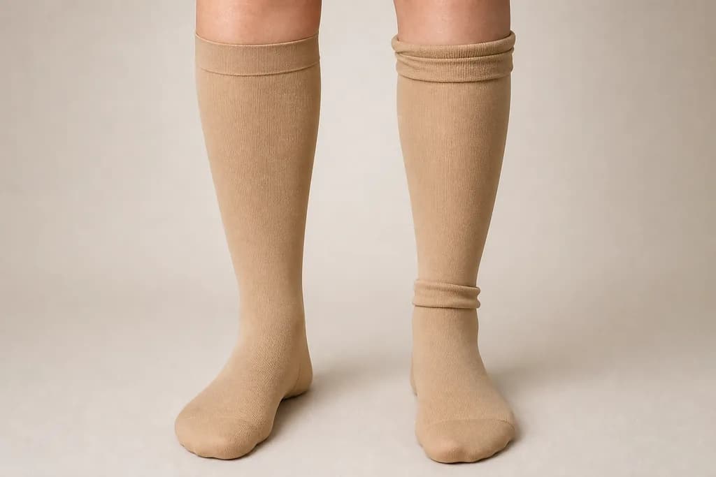 Zwei Unterschenkel nebeneinander im Vergleich: Links sitzt der beige Kompressionsstrumpf glatt und faltenfrei mit flach anliegendem Bund. Rechts ist derselbe Strumpf falsch angezogen, der obere Rand hat sich eingerollt und am Knöchel liegt das Gestrick in einer dicken Falte.