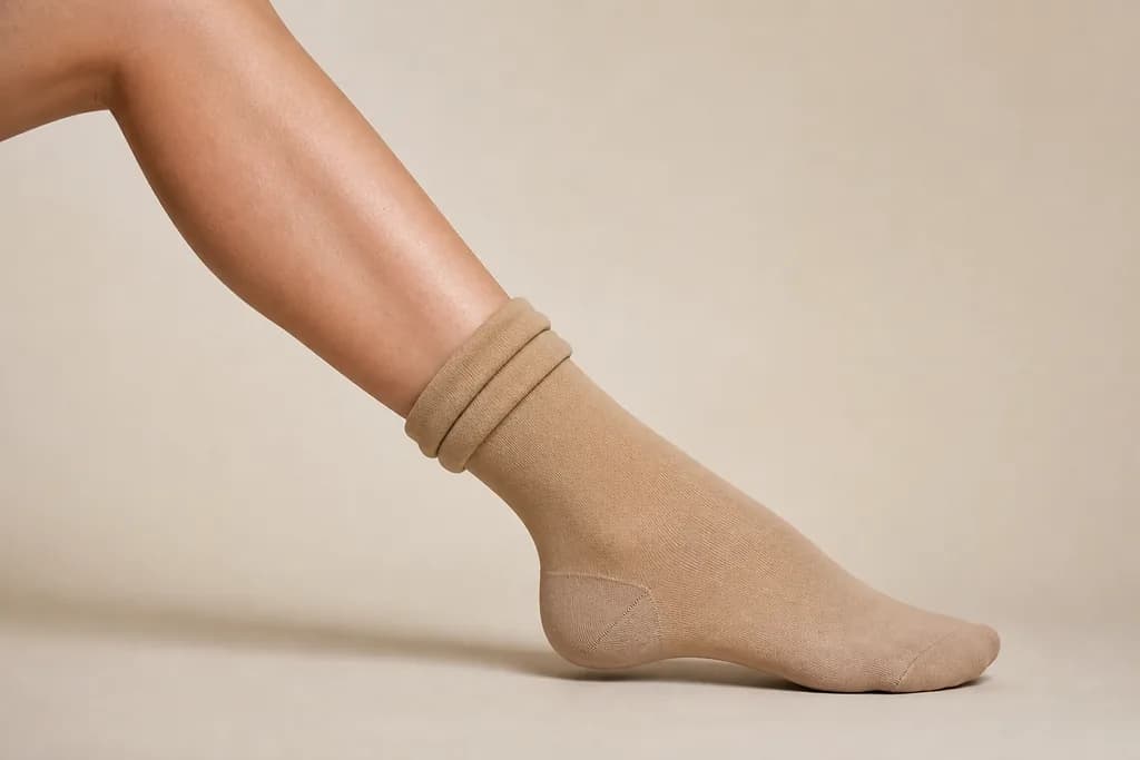 Unterschenkel von der Seite: Der beige Kompressionsstrumpf ist bis zum Knöchel nach unten gerutscht, sein oberer Rand hat sich zu einem dicken Wulst eingerollt, darüber liegt das Bein frei.