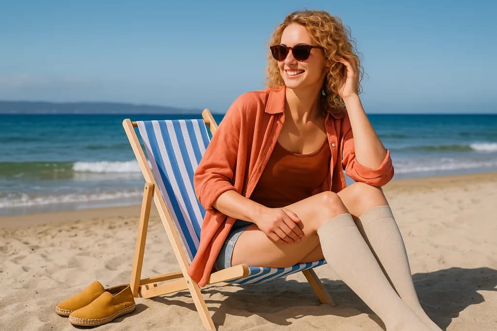 Woman in summer clothes wearing light compression stockings.