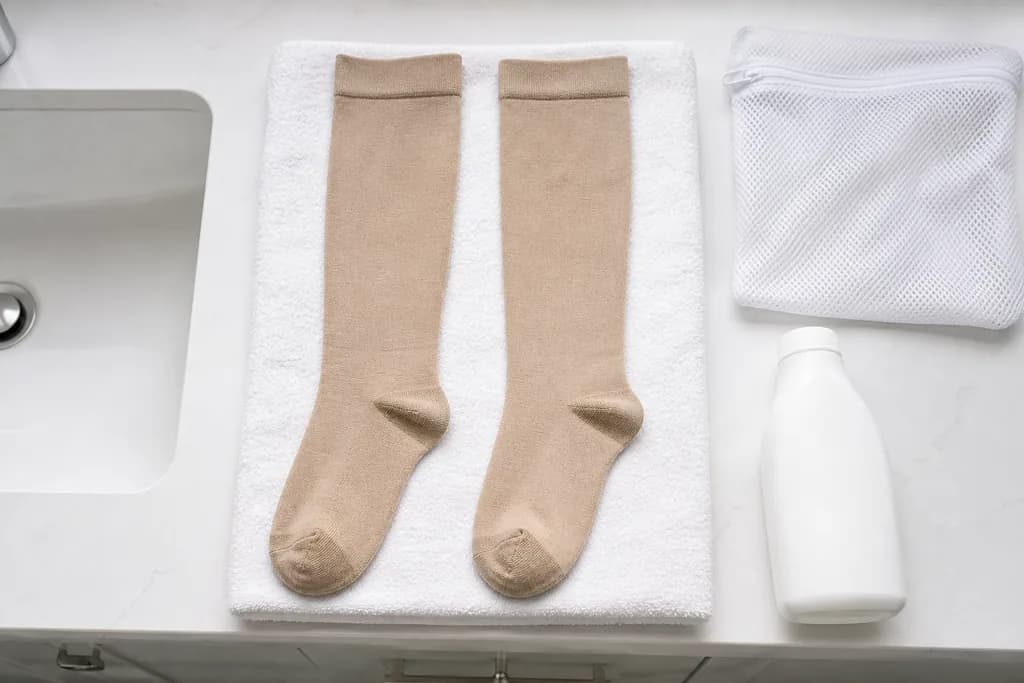 Zwei beige Kompressionsstrümpfe liegen flach ausgebreitet auf einem weißen Frotteehandtuch auf einer hellen Badezimmerablage; daneben ein weißes Wäschenetz mit Reißverschluss und eine schlichte weiße Flasche Feinwaschmittel.