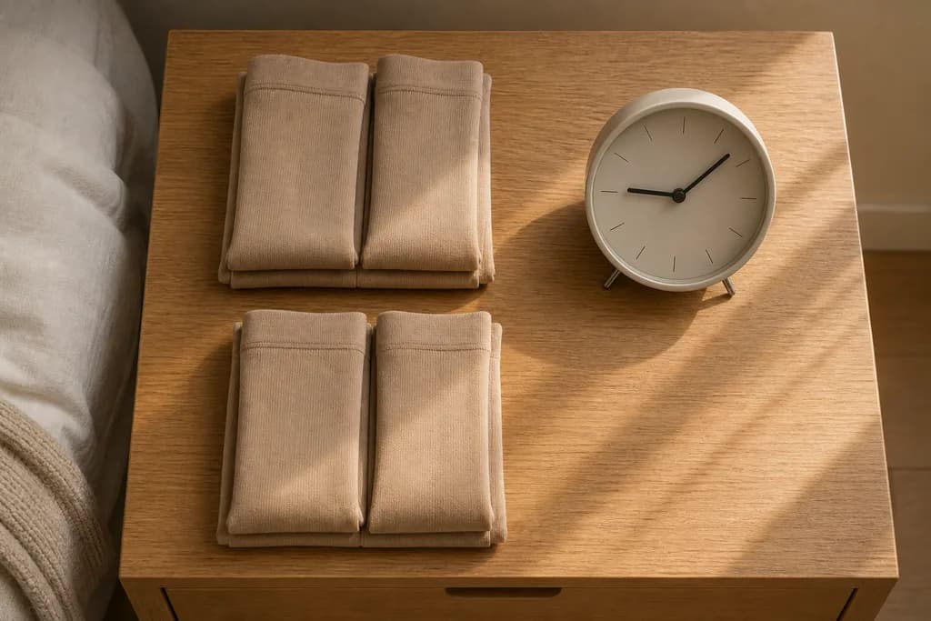 Zwei zusammengelegte Paar beige Kompressionsstrümpfe liegen ordentlich nebeneinander auf einem hellen Eichen-Nachttisch, daneben ein schlichter analoger Wecker; Morgenlicht wirft schräge Schatten über die Holzfläche.