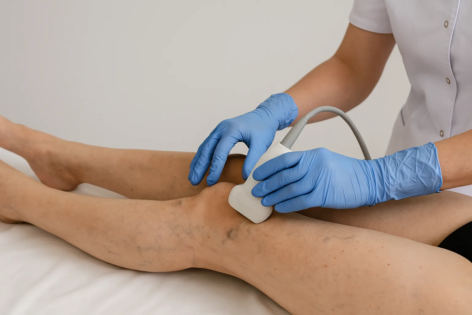 Therapeutin behandelt das Bein einer Patientin mit Lymphödem mittels manueller Lymphdrainage.
