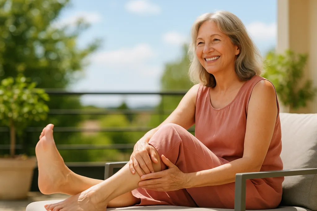 Frau führt Venengymnastik-Übungen im Sommer durch.