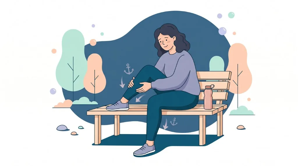 Soft flat illustration: woman on a park bench holds her calf and looks down; stylized anchors with downward arrows suggest heavy legs; large dark blue organic shape and pastel trees, water bottle on the bench, floating pastel circles on white.