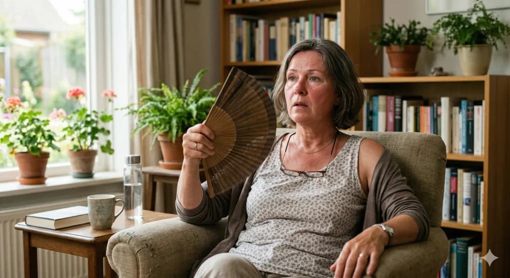 Frau in den Wechseljahren entspannt sich mit einem Buch.