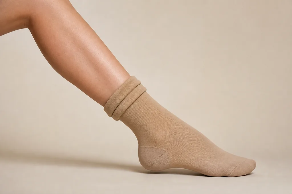 Unterschenkel von der Seite: Der beige Kompressionsstrumpf ist bis zum Knöchel nach unten gerutscht, sein oberer Rand hat sich zu einem dicken Wulst eingerollt, darüber liegt das Bein frei.